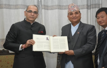 Ambassador Vinay Mohan Kwatra gifted a book titled “WHAT GANDHI MEANS TO ME” to Rt. Hon. Mr. Nanda Bahadur Pun, Vice President and Rt. Hon. Mr. Ishwar Pokhrel, DPM and Defence Minister of Nepal, today. This is an anthology of articles of prominent personalities from around the world and contains an article by Rt. Hon’ble PM of Nepal Mr. K.P. Sharma Oli. 